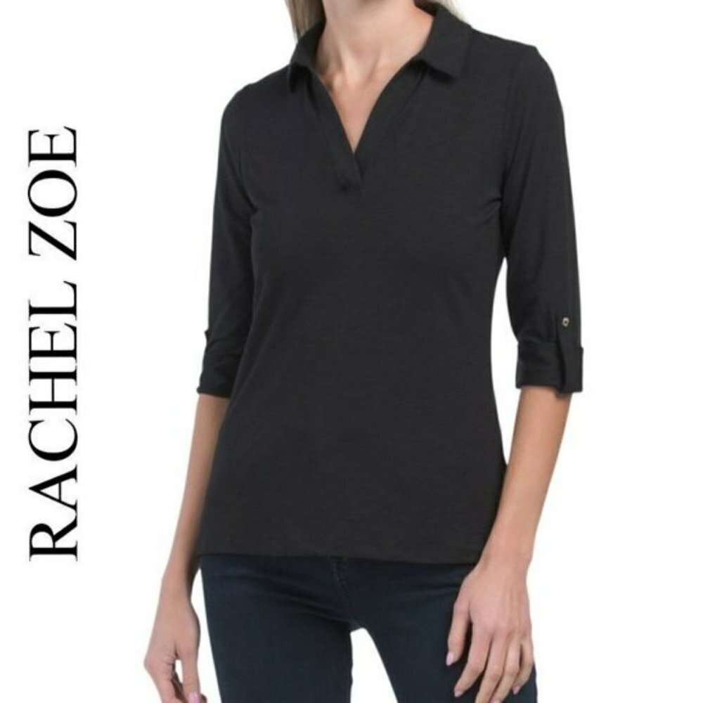 NWT RACHEL ZOE Classic Collar Roll Tab Sleeve Cotton Shirt Top